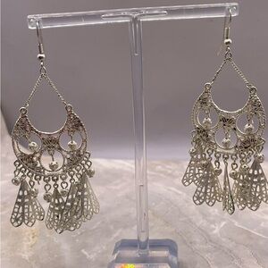 Boho Painted Silver Tone Chandelier Dangle Earrings with Fan Tassels